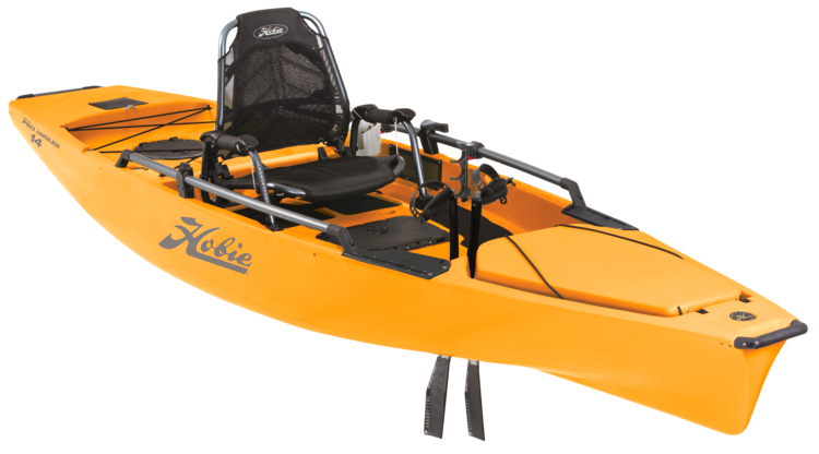 A yellow kayak with a black seat on a white background.