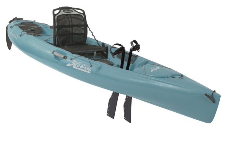 A blue kayak with a black seat on a white background