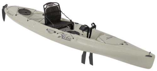 A white kayak with a black seat on a white background.
