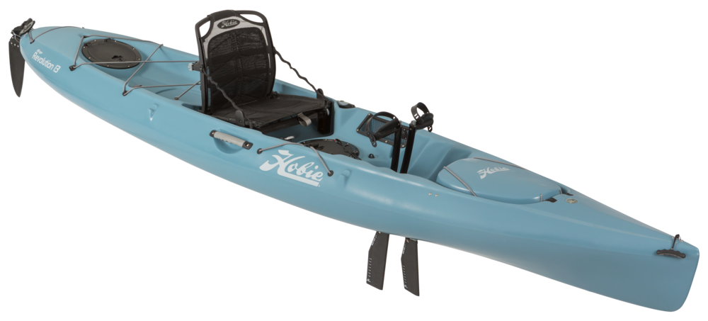 A blue kayak with a black seat on a white background.