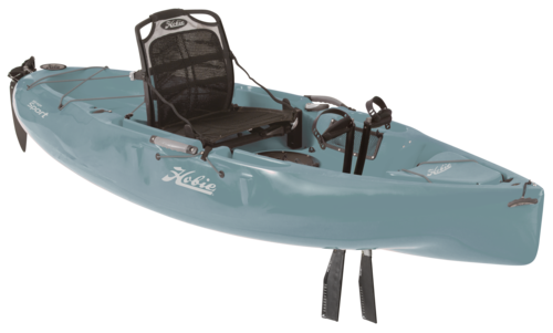 A blue kayak with a black seat on a white background.