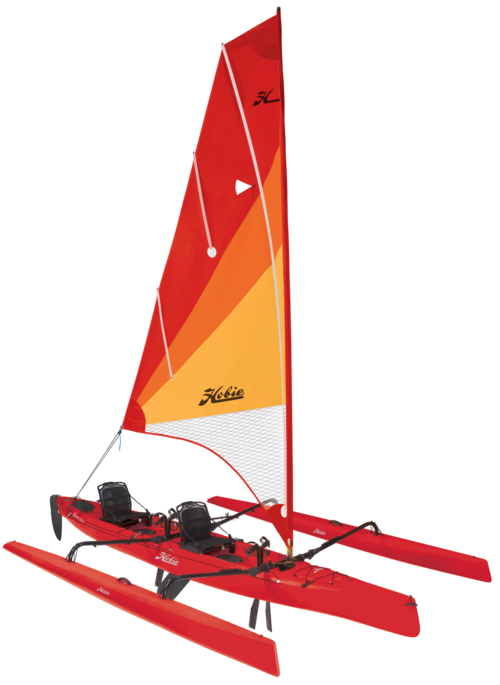 A red and yellow sailboat with the word ride on the sail