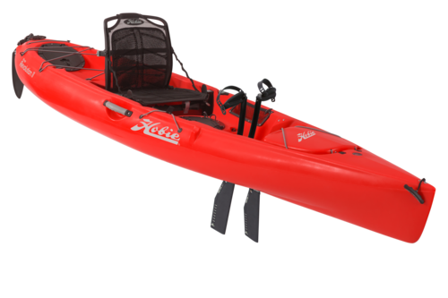 A red kayak with a seat and propellers on a white background.