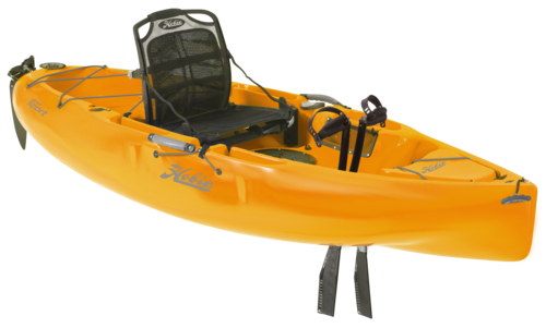 A yellow kayak with a black seat on a white background