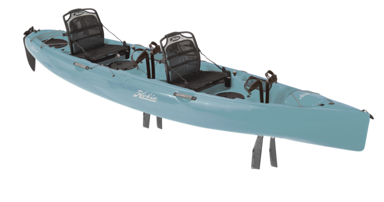 A blue kayak with two seats on a white background.