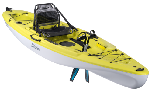 A yellow and white kayak with a seat on a white background.