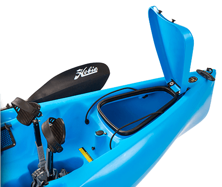 A blue kayak with the lid open and a paddle