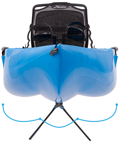A blue kayak is sitting on a stand with a seat attached to it