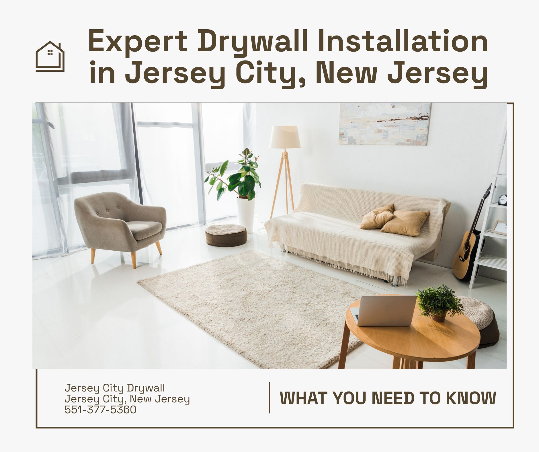 A thumbnail photo for a blog article showing new drywall installation