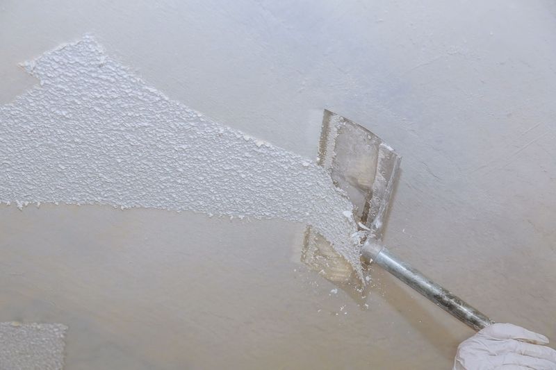 A scraping tool is used to remove an old popcorn ceiling prior to texturing and painting.  