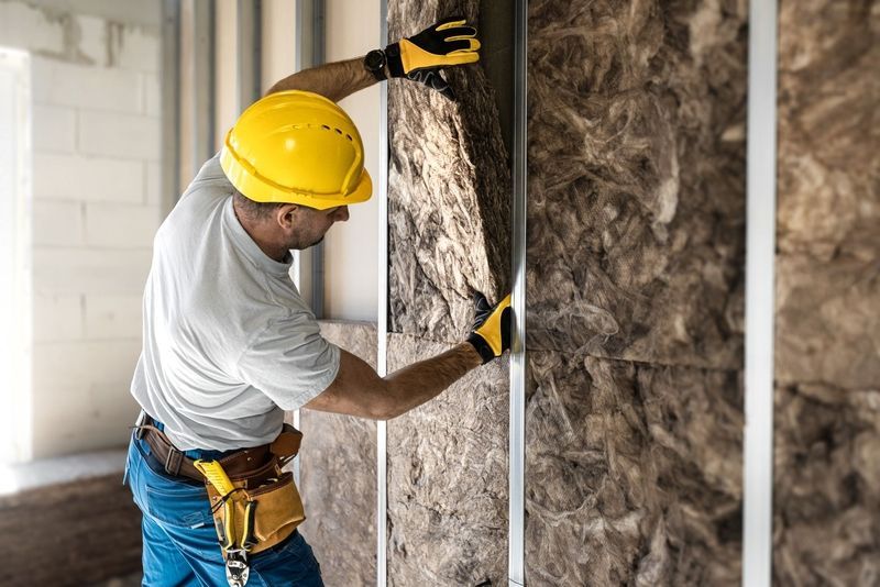 A technician with Jersey City Drywall adds soundproofing insulation prior to drywall installation.  