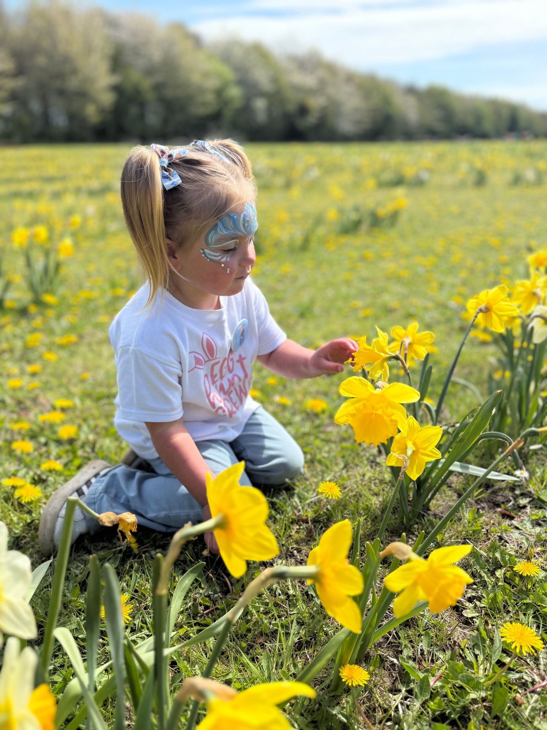 A young girl with facepaint picking daffodils at Easter Spring Fling