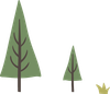 Two green fir trees and a patch of yellow grass on a white background.