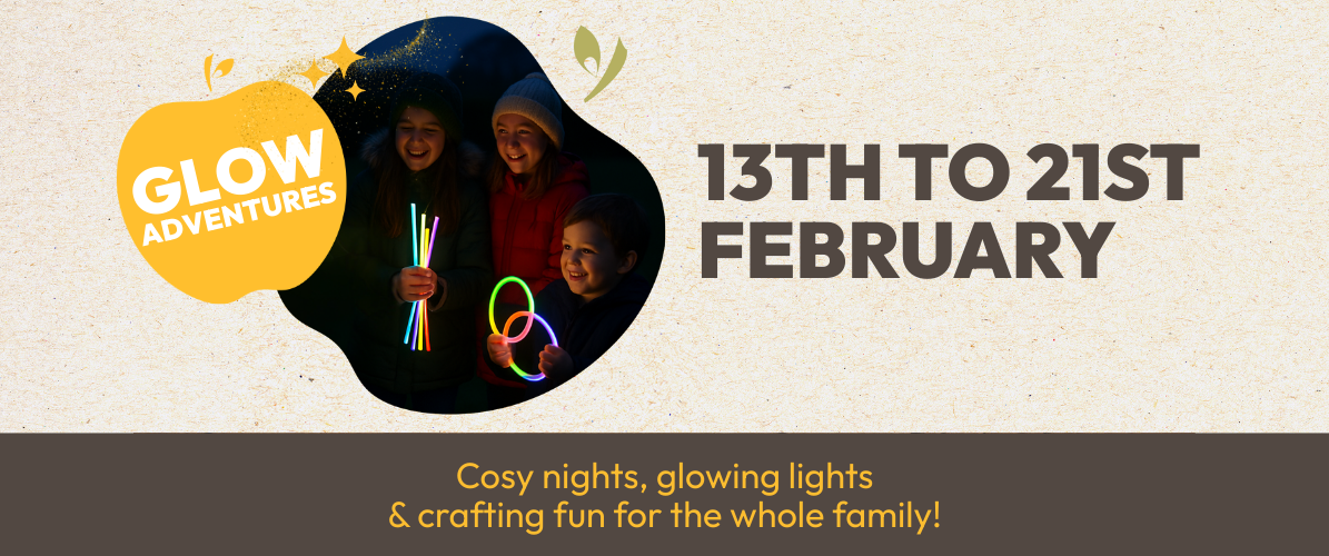 Glow Adventures event from Friday 13th to Saturday 21st February. Children holding glowsticks in the dark