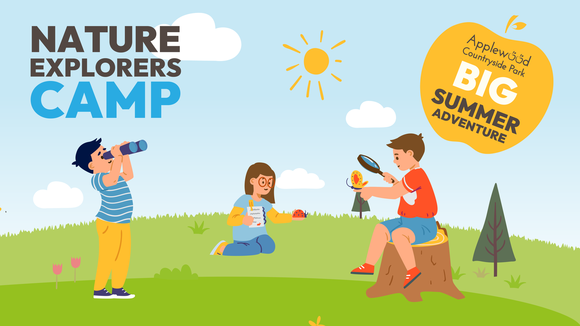 Illustrated children exploring wildlife and nature outdoors during Applewood Countryside Park’s Nature Explorers family camping adventure