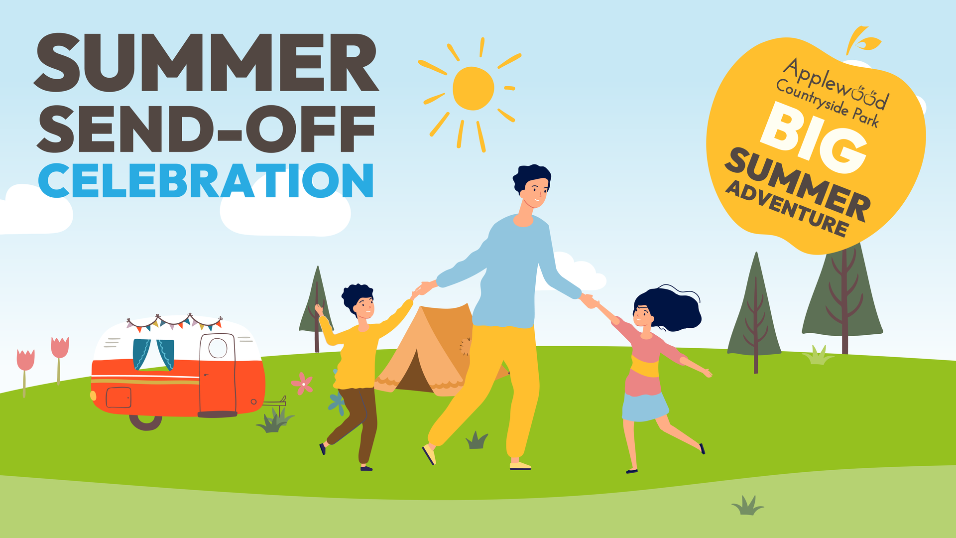 Illustrated family enjoying a summer camping celebration beside tents and caravans at Applewood Countryside Park’s Summer Send-Off event