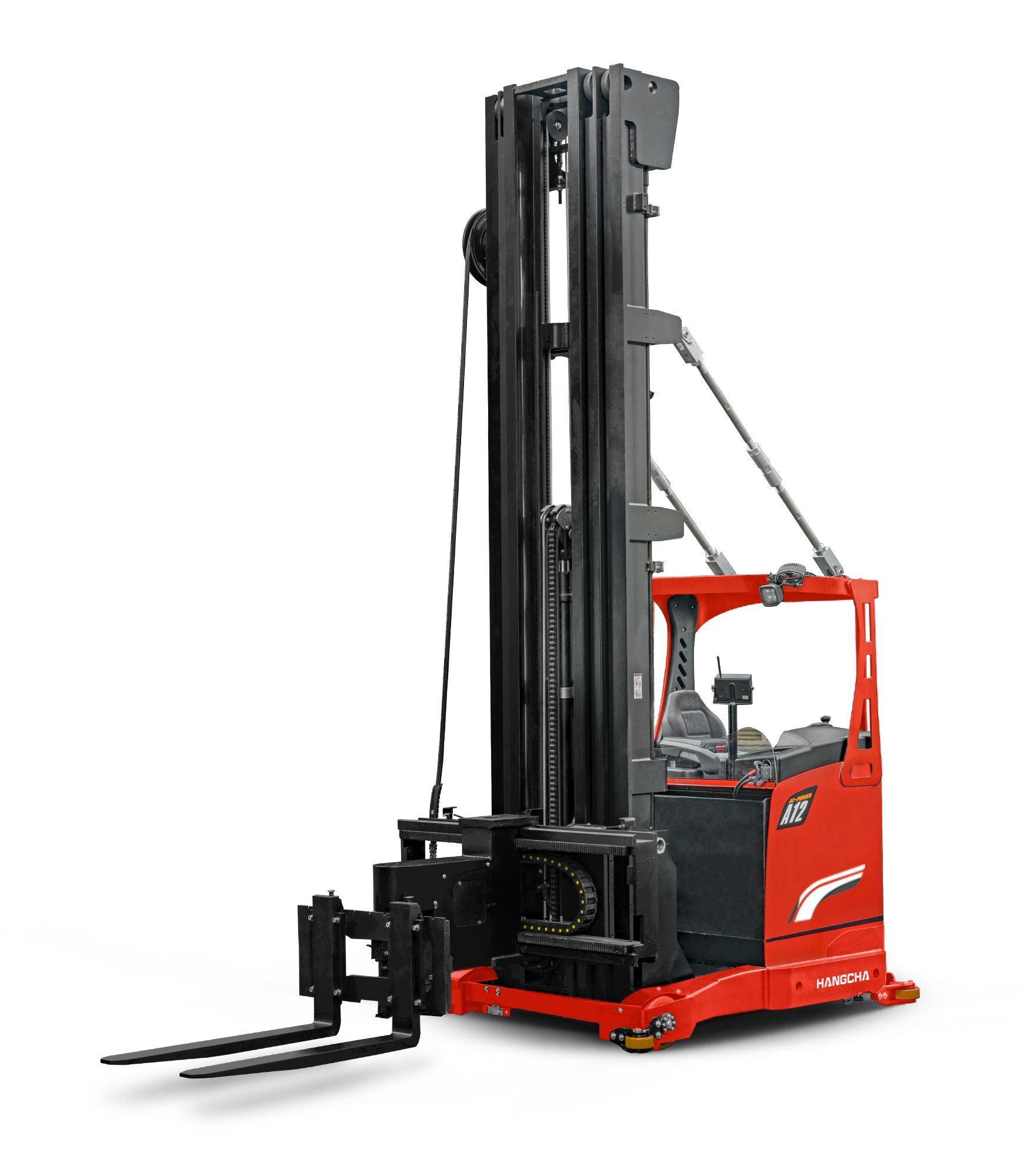 A red and black forklift on a white background.