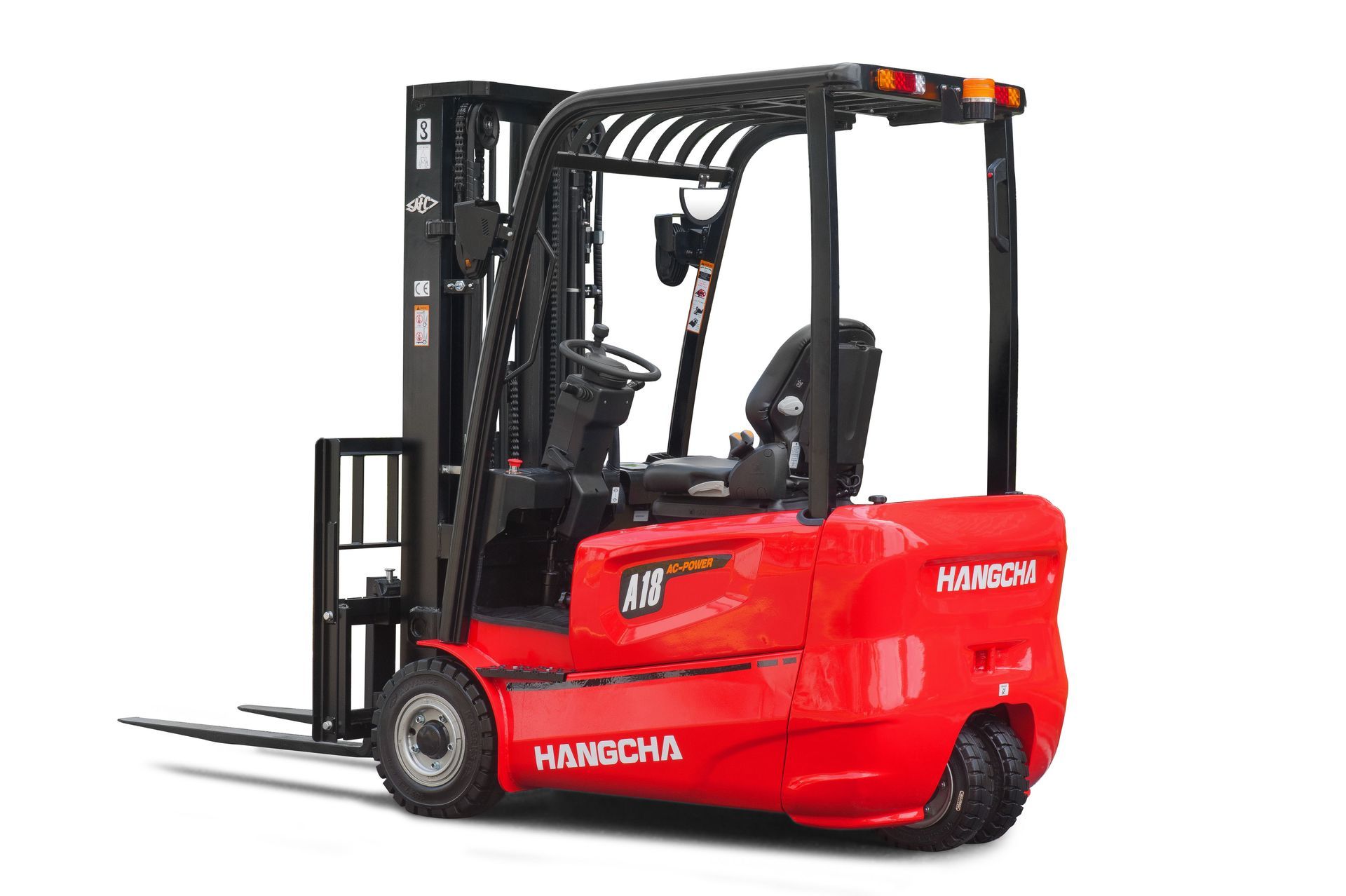 A red and black forklift on a white background.