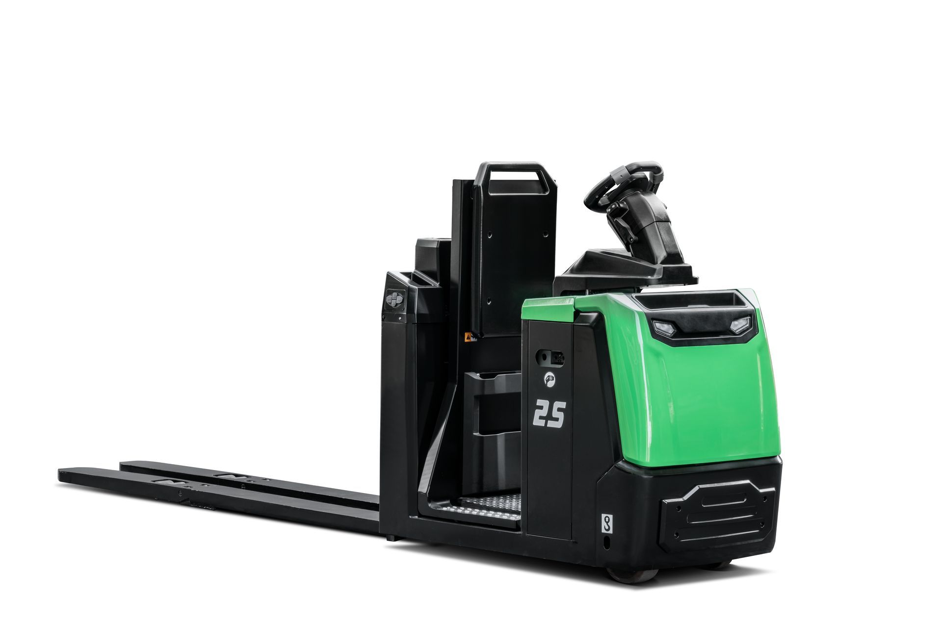 A green and black forklift on a white background.