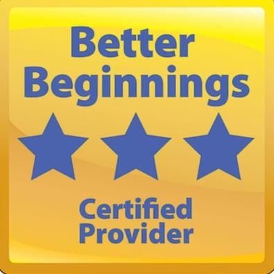 Better Beginnings Certified Provider badge with three blue stars on a yellow background