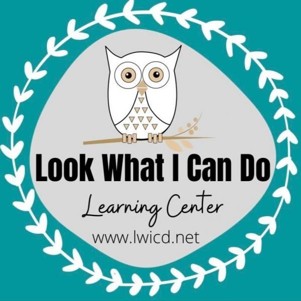 Logo for Look What I Can Do Learning Center, with owl on branch, teal wreath border, and website URL