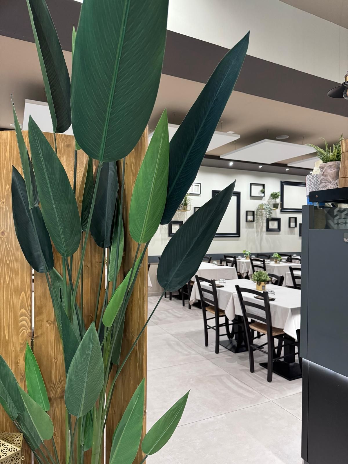 Un ristorante con tavoli e sedie e una pianta in primo piano