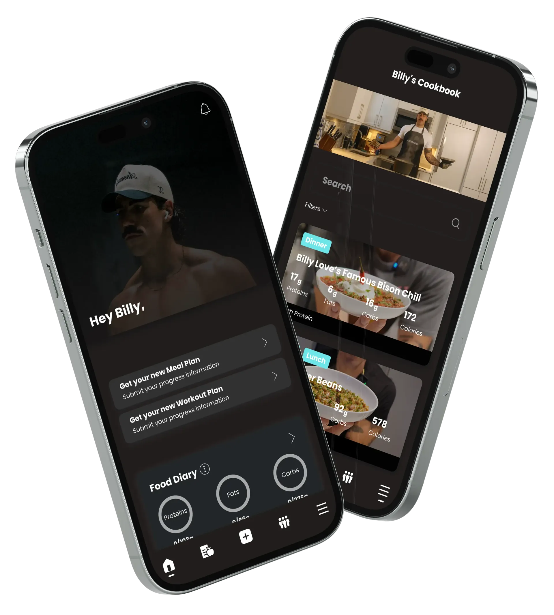Two smartphones displaying fitness app screens. One features a shirtless man in a cap, the other a cooking video.