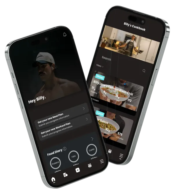 Two smartphones displaying fitness app screens. One features a shirtless man in a cap, the other a cooking video.