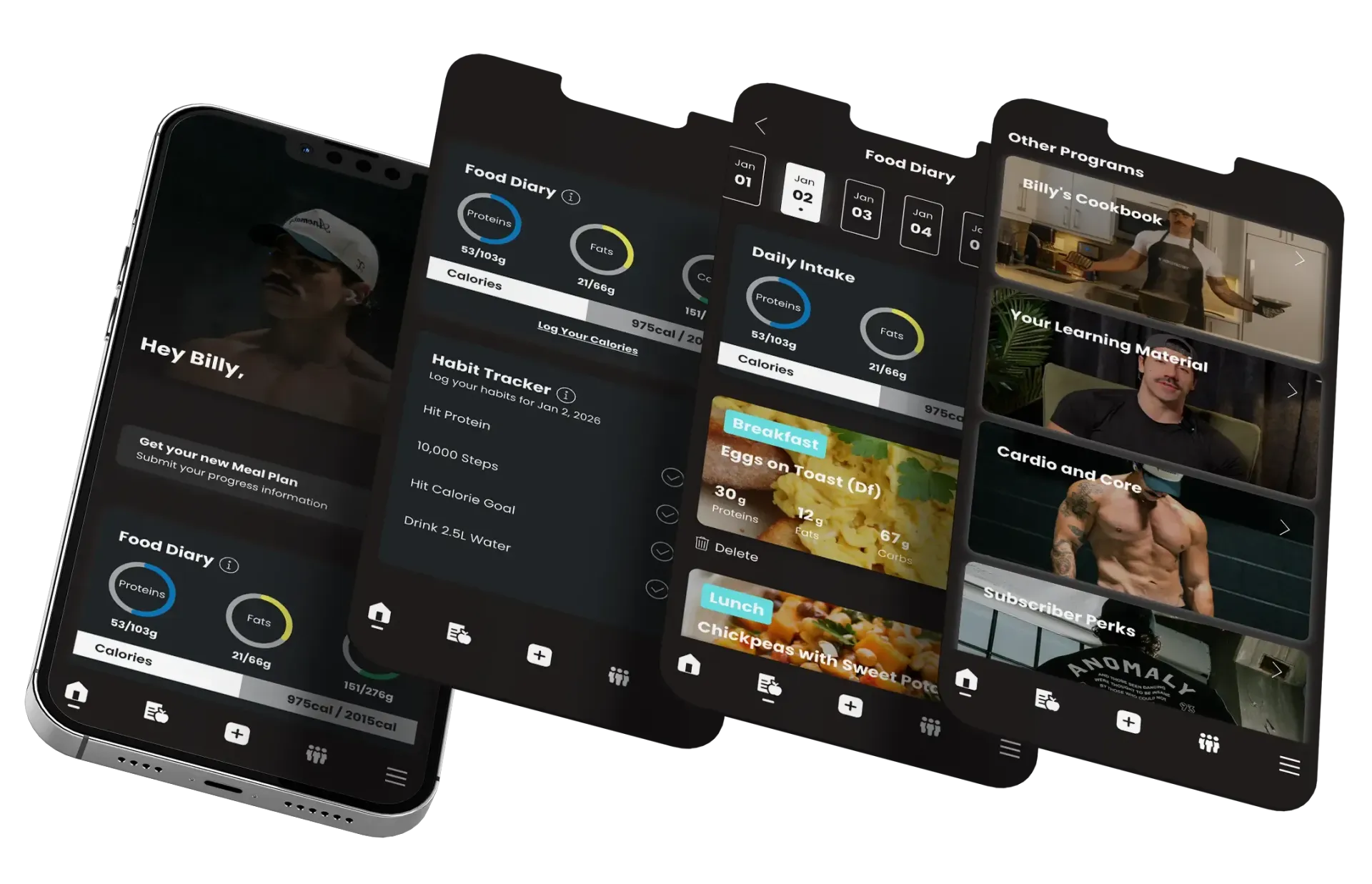 Four smartphone screens displaying fitness app interfaces. Each screen features videos and workout data.