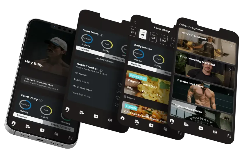 Four smartphone screens displaying fitness app interfaces. Each screen features videos and workout data.