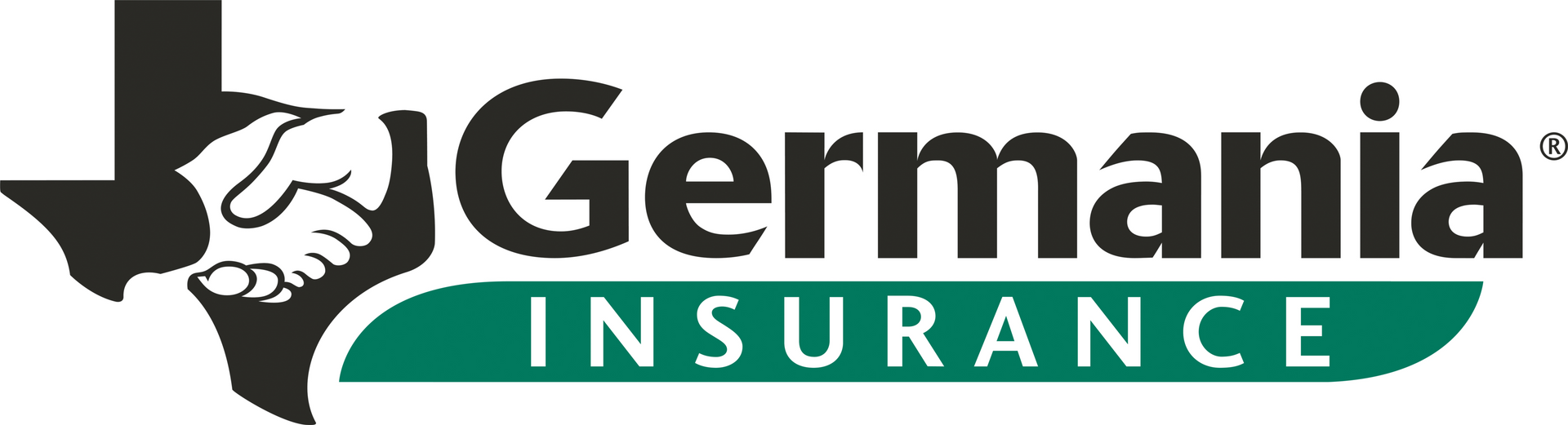 The logo for germania insurance shows a texas state and two hands shaking.
