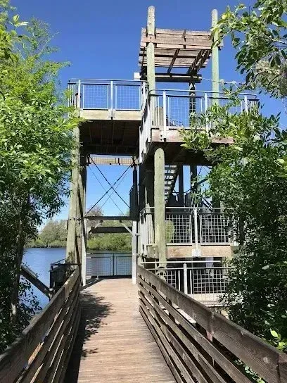 Hvac-Contractor-Bradenton-Wooden boardwalk leads to a multi-level observation tower over water, framed by green trees.