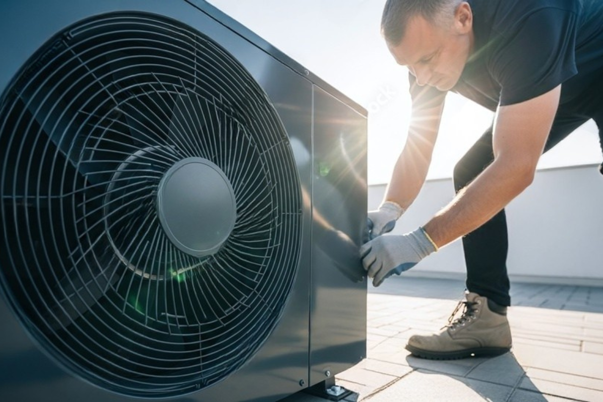 Technician in gloves works on a large outdoor air conditioning unit on a rooftop in sunlight.