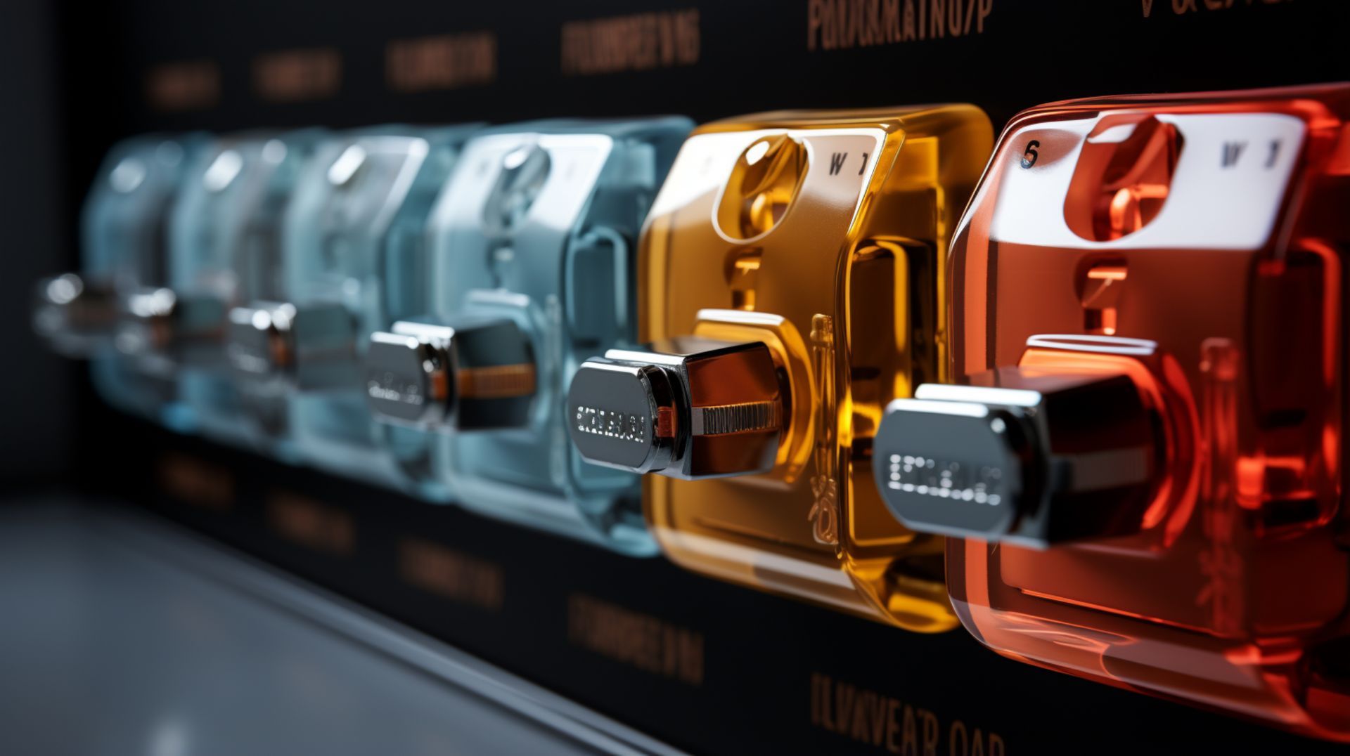 A row of bottles of perfume are lined up on a shelf.