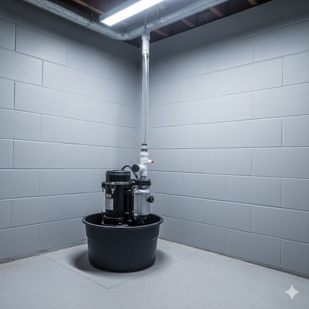 Sump pump in a gray-walled basement corner. Black pump in a dark bucket, with white pipe leading upwards.