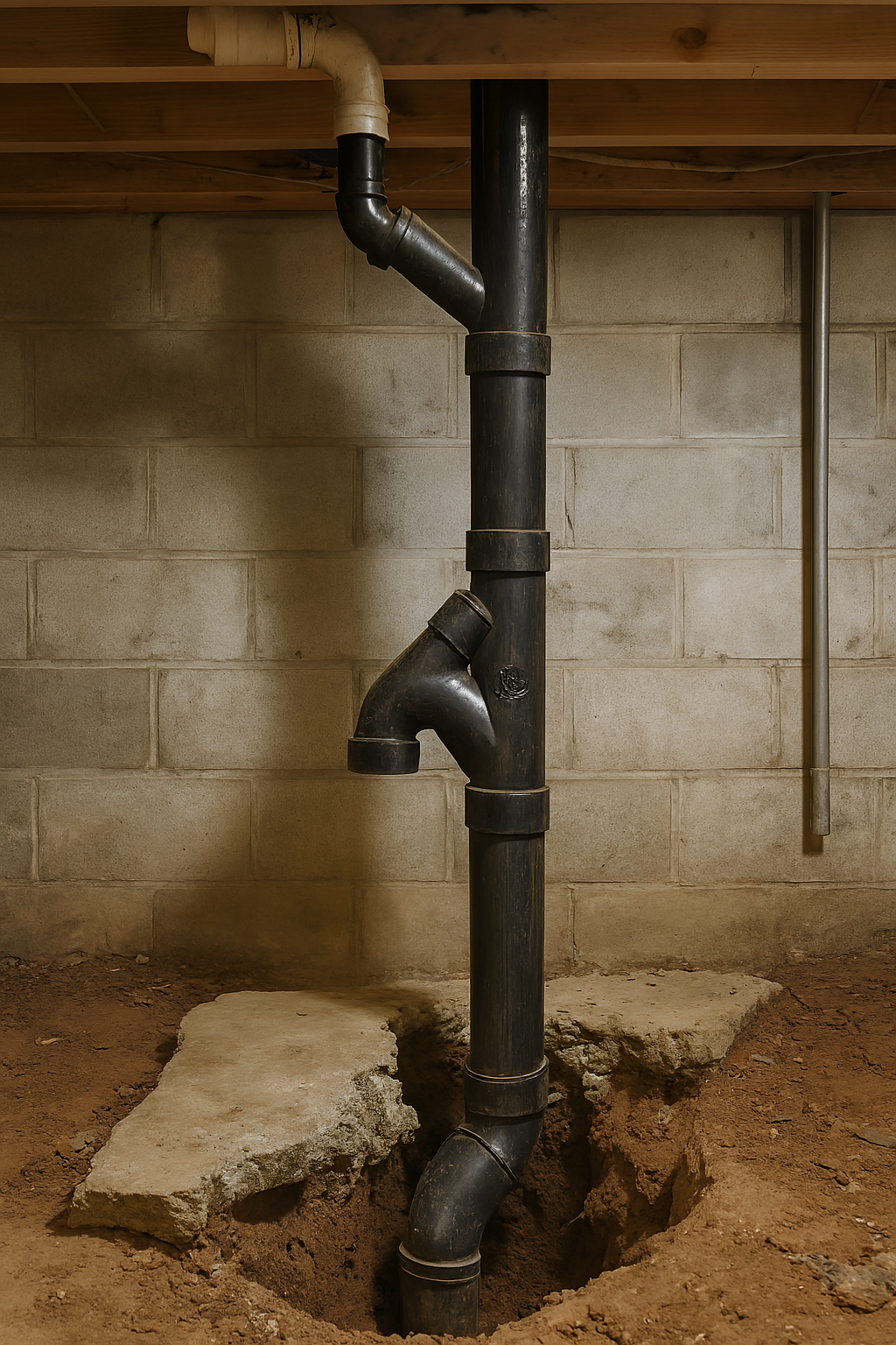 Black plumbing pipes against a concrete block wall, installed in a basement floor.