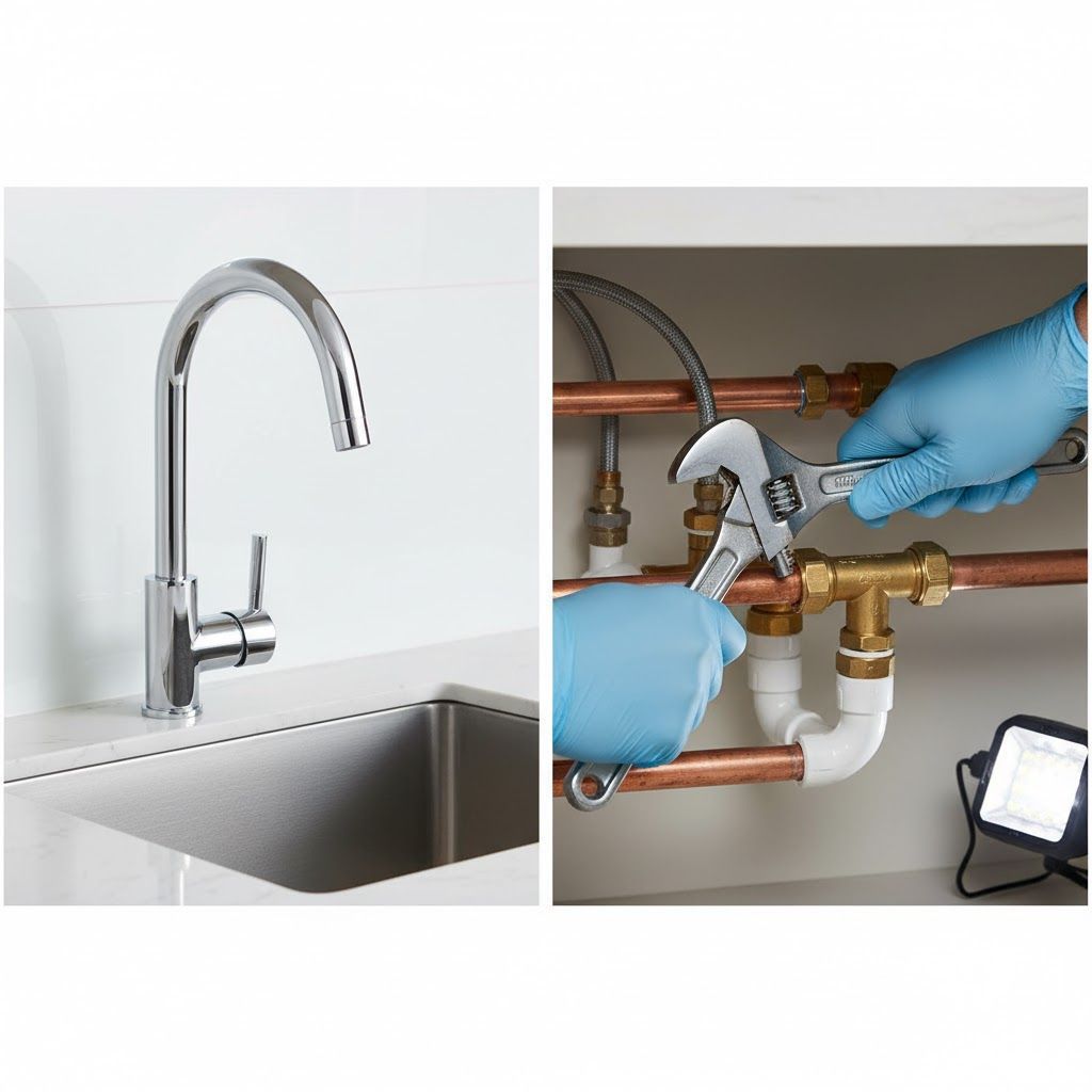 Left: Silver kitchen faucet. Right: Plumber in blue gloves uses wrench on pipes under a sink.