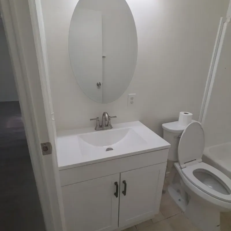 A bathroom with a sink , toilet and mirror.