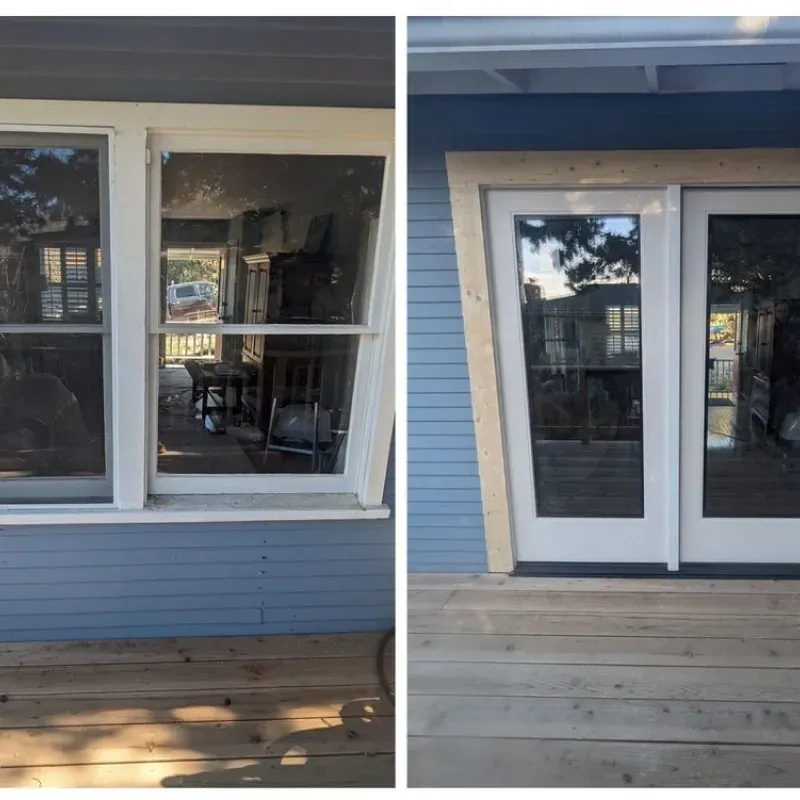A before and after picture of a window and sliding glass door