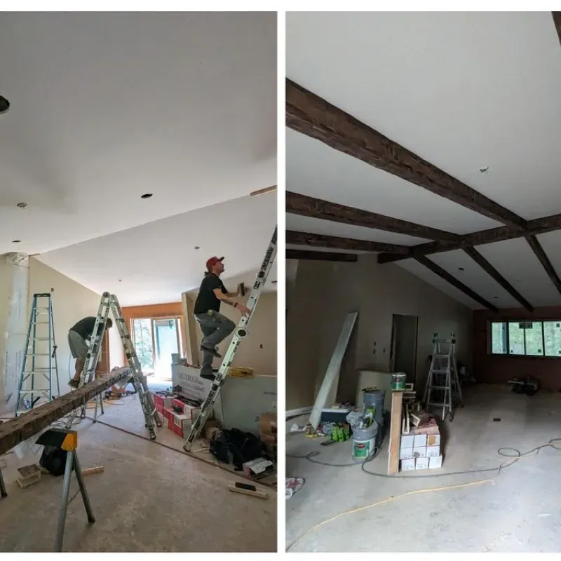 Two pictures of a man on a ladder in a room