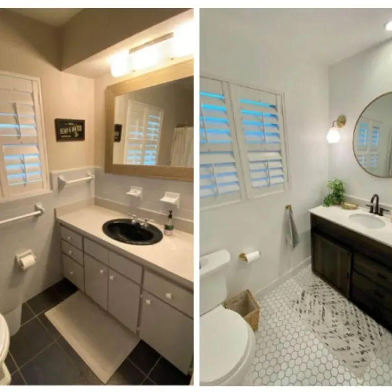 A before and after photo of a bathroom with shutters on the windows