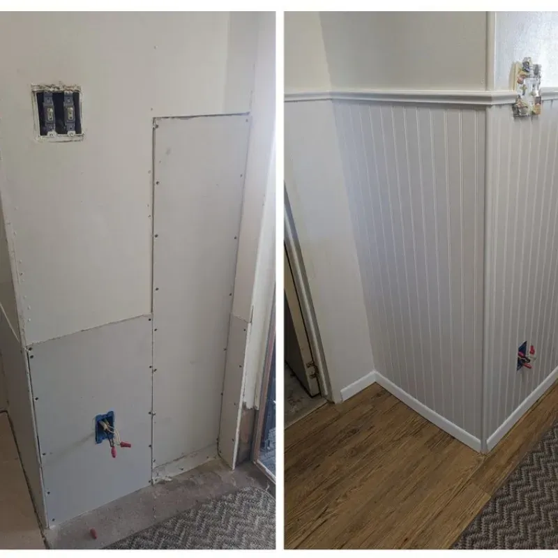 A before and after picture of a wall with wood paneling.