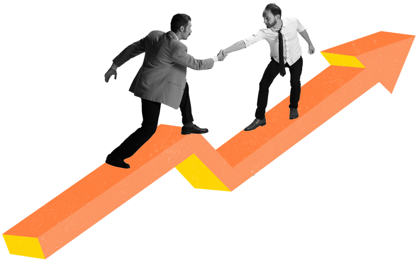 Two men are shaking hands while standing on an orange arrow.