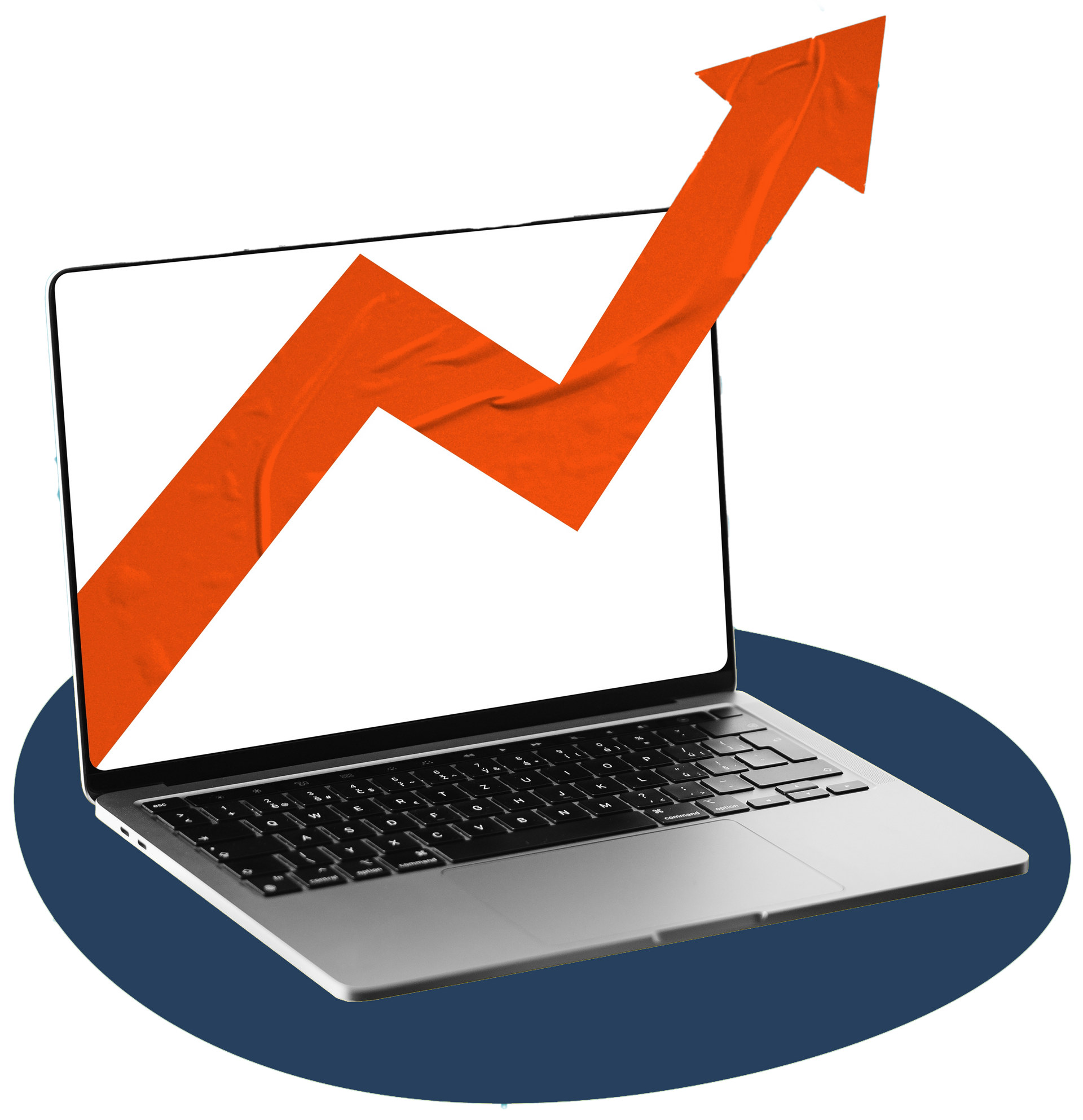 A laptop computer with an arrow pointing up on the screen.