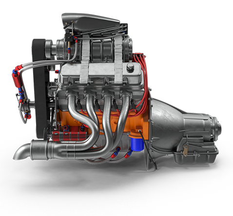 A 3d model of a muscle car engine on a white background