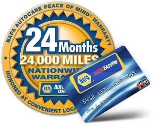 A napa autocare warranty sticker and a napa credit card