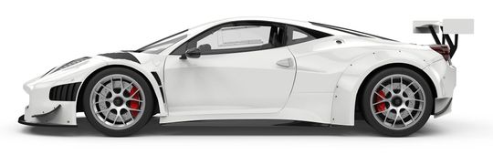 A white ferrari 488 gt3 race car is shown from the side on a white background.