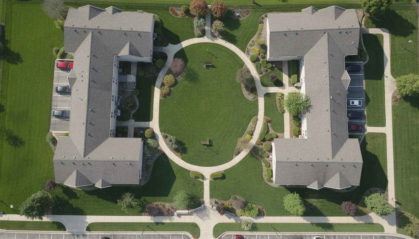 An aerial view showcases the beautifully maintained grounds of an apartment complex, featuring lush green lawns and meticulously arranged flower beds surrounding multiple buildings. The healthy lawn reflects professional lawn care services, highlighting the importance of yard maintenance for a vibrant living environment.