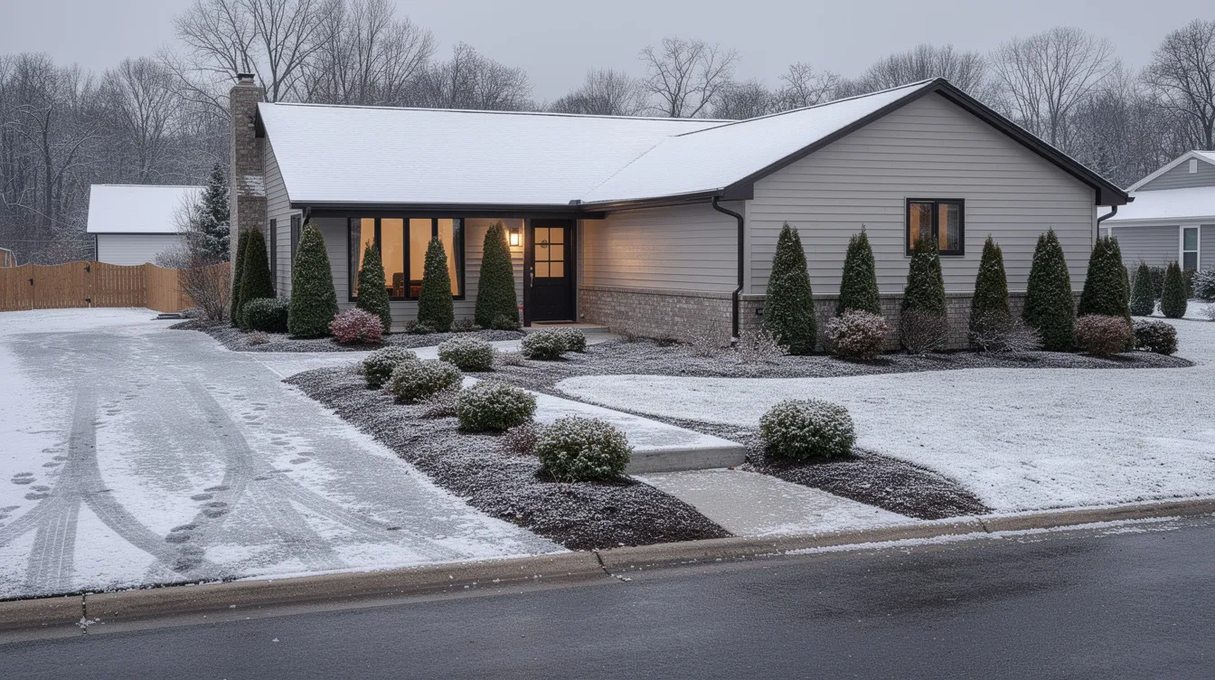 A suburban home is surrounded by evergreen shrubs and neatly mulched flower beds, all covered in a light dusting of snow, creating a serene winter landscape. This inviting scene showcases landscaping ideas that highlight the beauty of structured gardens even in colder months.
