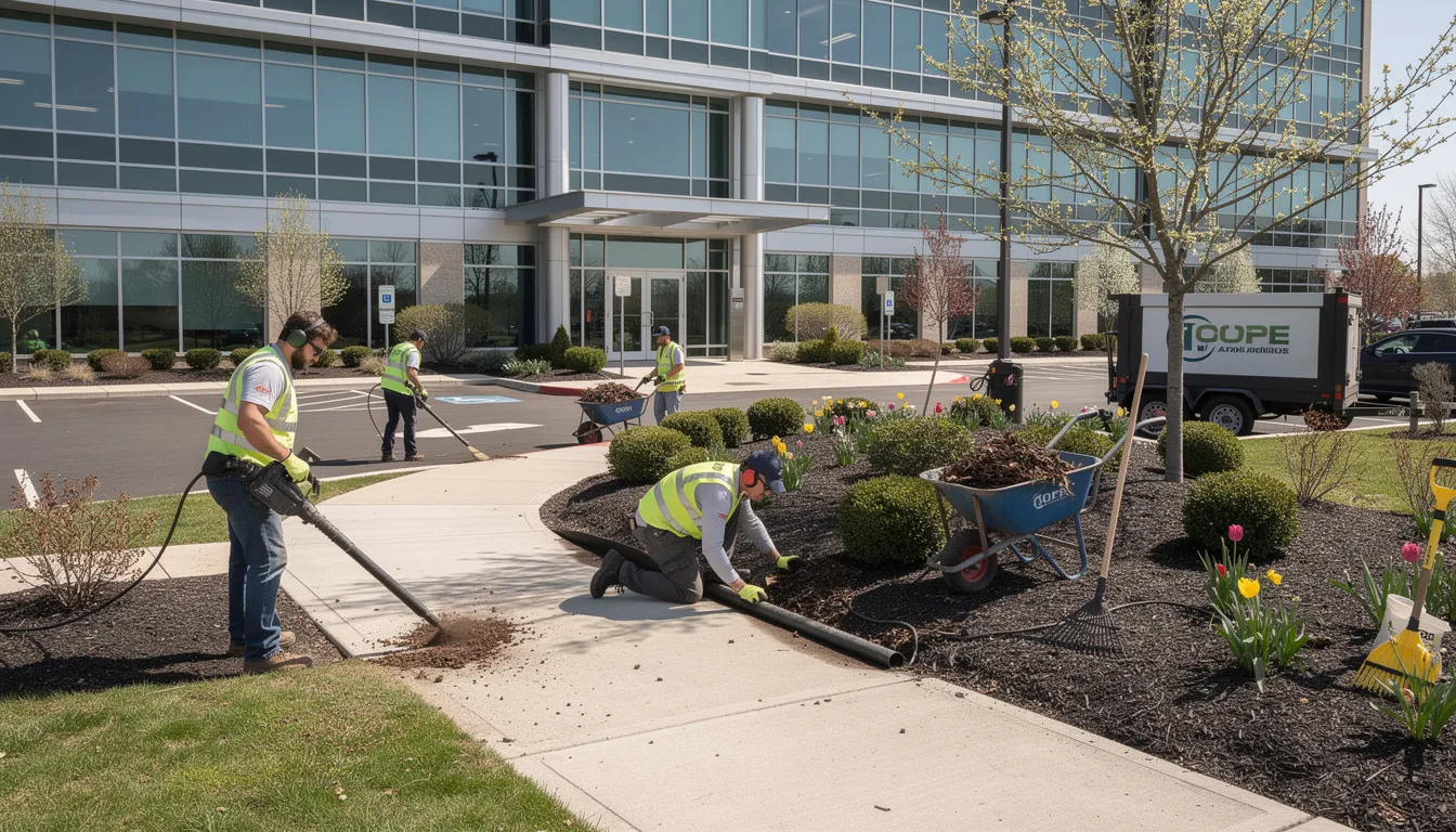 A professional landscaping crew is engaged in spring cleanup at the entrance of a commercial property, tending to flower beds and removing debris to ensure a healthy lawn. Their work highlights the importance of lawn maintenance and yard maintenance for local businesses, creating a beautiful and welcoming environment.